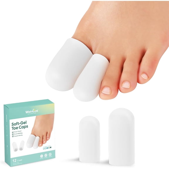 Welnove Gel Toe Caps & Protectors - Silicone Toe Covers & Cushions for Pain Relief, Missing or Ingrown Toenails, Corns, Calluses & Blisters, 4 Large + 8 Medium, White