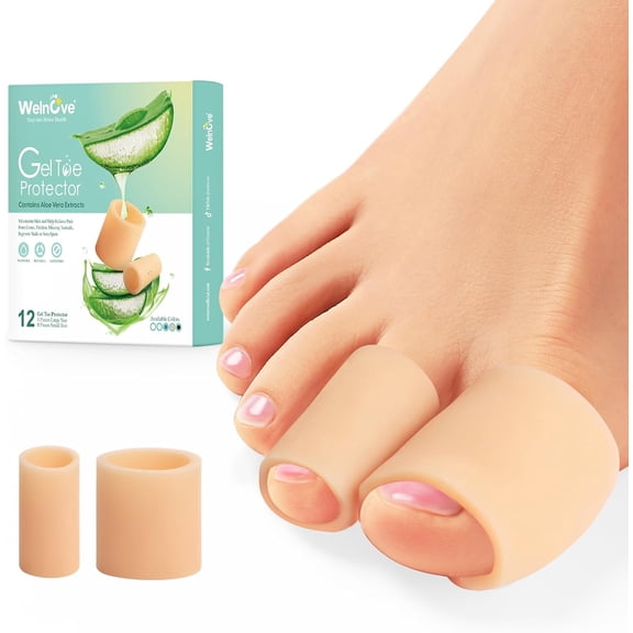 Welnove Gel Toe Protectors, 12-Pack Silicone Toe Sleeves for Hammer Toes, Corns, Calluses, Blisters,Soft Gel Toe Cushions for Pain Relief (Multi-Size, Beige)