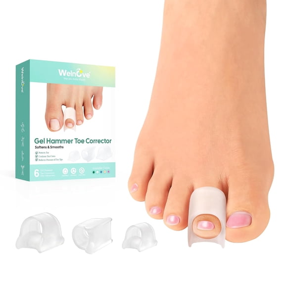 Welnove Hammer Toe Corrector - 6 Pack Gel Toe Straighteners for Bent, Curled & Crooked Toes, Day & Night Comfort, Multi-Size, Clear