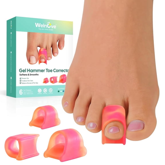 Welnove Hammer Toe Corrector - 6 Pack Soft Gel Toe Splints & Straighteners to Realign Bent, Curled, Crooked, Claw & Hammer Toes, Men & Women, 3 Sizes, Patterned