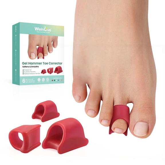 Welnove Hammer Toe Corrector - 6 Pack Soft Gel Toe Splints & Straighteners to Realign Bent, Curled, Crooked, Claw & Hammer Toes, Men & Women, 3 Sizes, Red