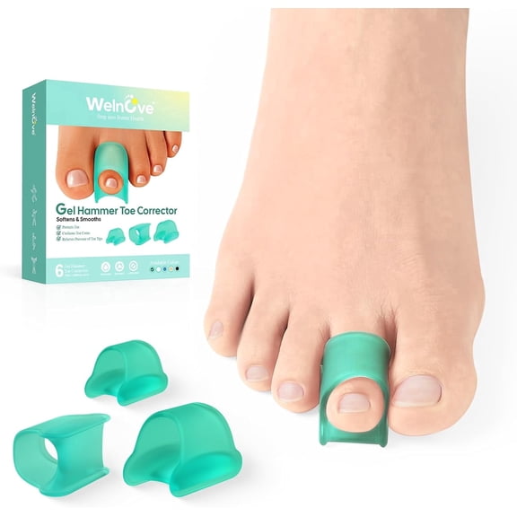 Welnove Hammer Toe Corrector, 6 Pack Soft Gel Splints Straighteners for Bent Curled Claw Toes, 3 Sizes, Green