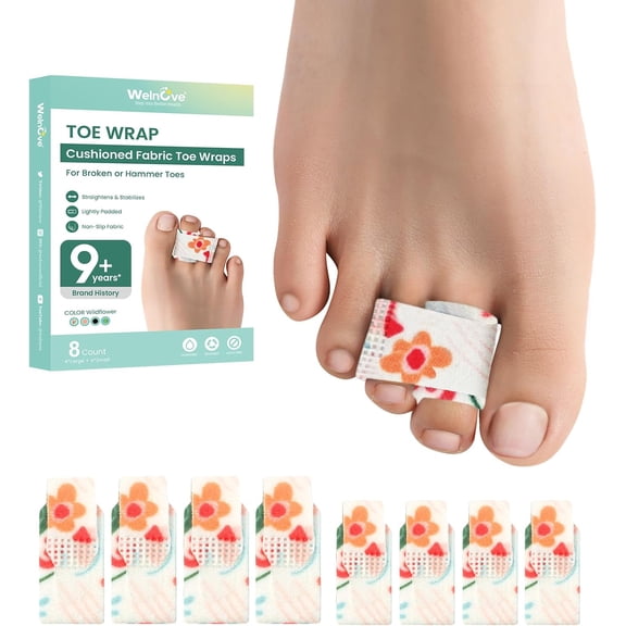 Welnove Hammer Toe Corrector - 8 Pack Broken Toe Wraps & Toe Splints for Crooked, Curled & Bent Toes, Straightener, Multi-Size, White