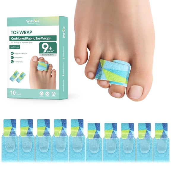 Welnove Hammer Toe Straightener - 10 Pack Toe Splints & Straighteners to Realign Bent, Curled, Crooked, Claw & Mallet Toes, Men & Women, Multi-Size, Patterned