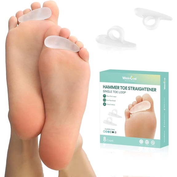 Welnove Hammer Toe Straightener - 8 PCS Toe Corrector Cushion Pads for Bent, Crooked, Curled, Claw & Hammer Toes, Soft Support & Realignment, 1 Loop, Clear