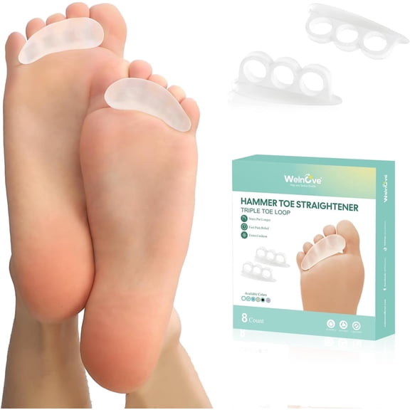 Welnove Hammer Toe Straightener - 8 PCS Toe Corrector Cushion Pads for Bent, Crooked, Curled, Claw & Hammer Toes, Soft Support & Realignment, 3 Loop, Clear