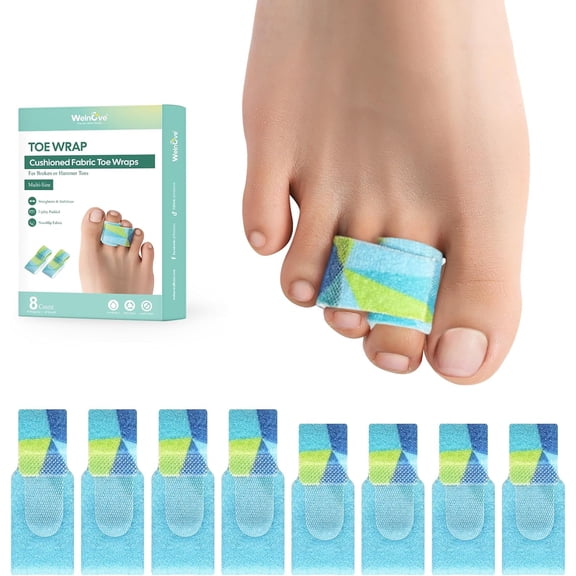 Welnove Hammer Toe Straightener - 8 Pack Broken Toe Wraps & Toe Splints for Crooked, Curled & Bent Toes, Corrector, Multi-Size, Patterned