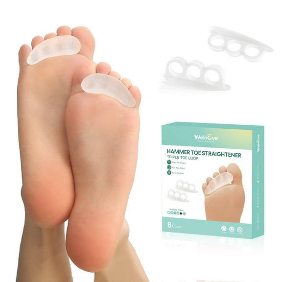 Welnove Hammer Toe Straightener Toe Corrector for Women - 8 Pcs Hammer Toe Cushion Pads for Bent, Crooked, Curled, Claw, and Hammer Toes - Soft Support and Realignment(Clear, 3 Loop Design)