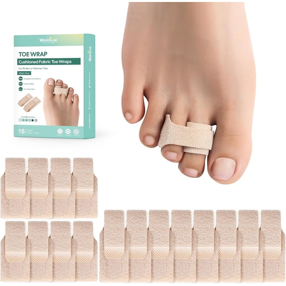 Welnove Hammer Toe Straightener Toe Separators, 16 Pack Toe Wraps for Crooked, Curled & Bent Toes, Soft Toe Splints for Women (Small Size, Beige)