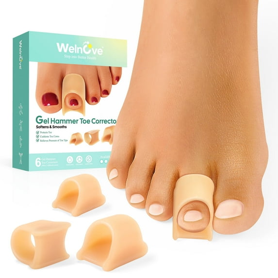 Welnove Hammertoe Corrector - 6 Pack Toe Splints - Soft Gel Toe Straighteners - Realign Bent, Curled, Crooked, Claw, Hammer Toes - Toe Corrector for Men and Women, 3 Different Sizes (Beige)