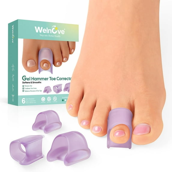 Welnove Hammertoe Corrector - 6 Pack Toe Splints - Soft Gel Toe Straighteners - Realign Bent, Curled, Crooked, Claw, Hammer Toes - Toe Corrector for Men and Women, 3 Different Sizes (lavender)