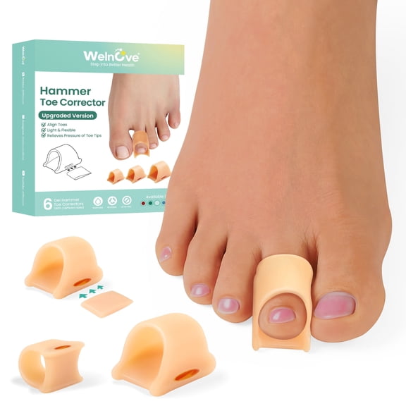 Welnove Hammertoe Corrector Toe Splints Soft Gel Toe Straighteners Realign Bent, Curled, Crooked, Hammer Toes, 3 Different Sizes (Beige),6 Pack