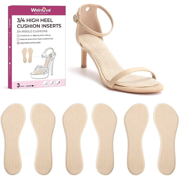 Welnove 3 Pairs High Heel Cushion Inserts 3/4 Invisible Pads Prevent Slipping & Absorb Shock, Fits Sandals, Flats - Beige, L