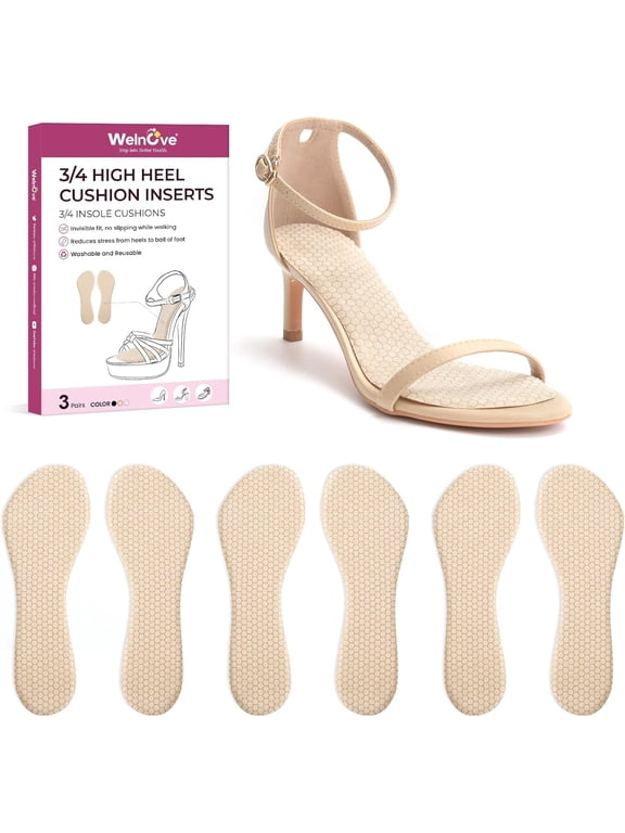 3 Pairs High Heel Cushion Inserts 3/4 Invisible Pads Prevent Slipping & Absorb Shock, Fits Sandals, Flats - Beige, L