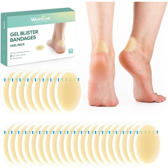 Welnove Hydrocolloid Blister Bandages – 28 Count Water-Resistant Blister Pads for Foot, Toe – Adhesive Gel Cushions for Prevention & Recovery (Heel Pack)