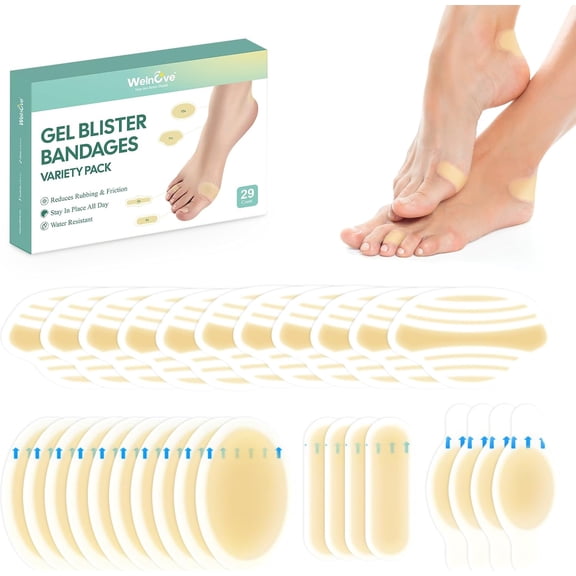 Welnove Hydrocolloid Blister Bandages - Water-Resistant Adhesive Pads for Heel, Feet, Toe - Gel Blister Cushions for Prevention, Recovery - 29ct, Variety Pack