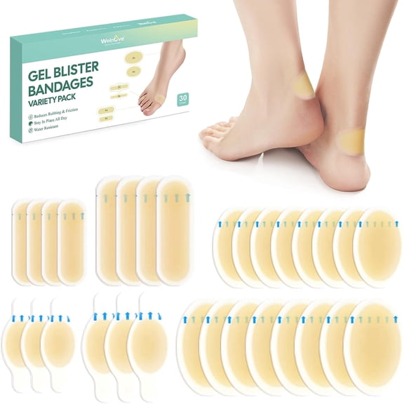 Welnove Hydrocolloid Blister Bandages, Waterproof, 30 Count, 6 Sizes Blister Cushion for Heel, Toe, Blister Prevention