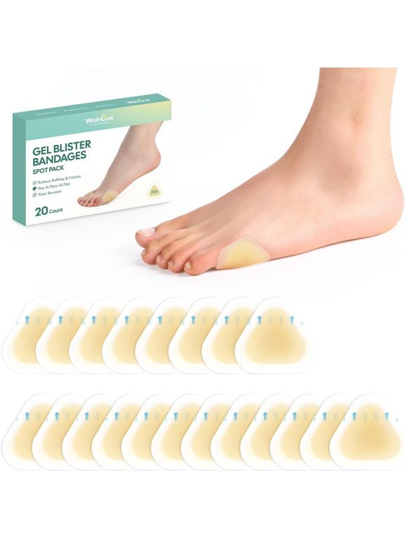 Hydrocolloid Gel Blister Pads, Triangular Spot Pack, 20 Count, Water-Resistant Cushioning for Heels & Balls of Feet, Men & Women