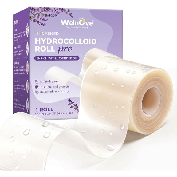 Welnove Hydrocolloid Roll with Lavender Oil, 2.56in x 9.8ft Waterproof Flexible Patch, Ultra Absorbent Cut-to-Fit Dressing for Blister & Skin Protection