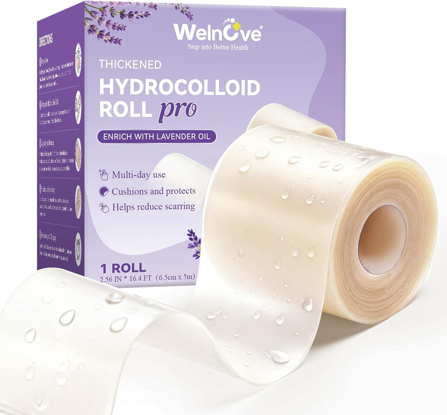 Welnove Hydrocolloid Roll for Wound Care - Hydrocolloid Patch Bandages with Self-Adhesive, Ultra Absorbent for Burn, Blister, Acne Care, Add Lavender Essential Oil, 2.5in x 16ft Cut to Fit