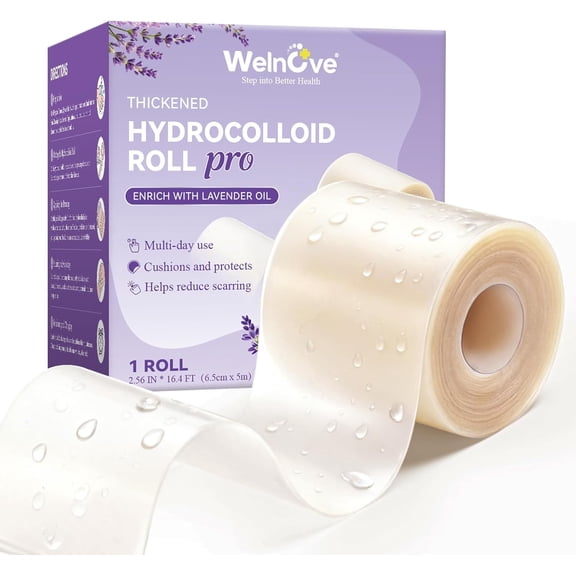 Welnove Hydrocolloid Roll for Wound Care - Hydrocolloid Patch Bandages with Self-Adhesive, Ultra Absorbent for Burn, Blister, Acne Care, Add Lavender Essential Oil, 2.5in x 16ft Cut to Fit