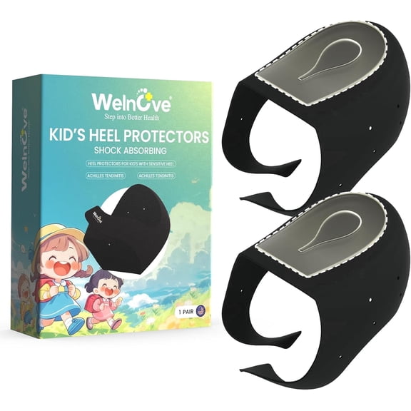 Welnove Kids Heel Protectors Cups for Shoes Lightweight Silicone Gel Heel Cups for Child Teen Shoe Cushion Inserts Pads for Severs Disease Plantar Fasciitis Heels Spurs,1Pair,Black,Teen's Size 7.5-9