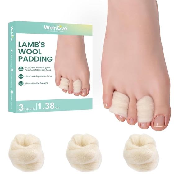 Welnove Lambs Wool Padding for Toes - 3 PCS Corn Cushion & Blister Pads, Provides Cushioning Comfort Between Toes, 7/16 oz