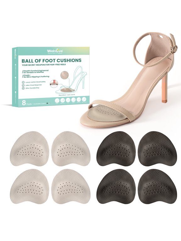 Leather Metatarsal Pads for Women - 4 Pairs Ball of Foot Cushions, Anti-Slip Forefoot Inserts for High Heels, Flats & Pumps, All-Day Pain Relief