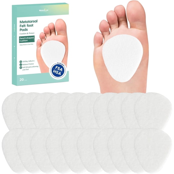 Welnove Metatarsal Foot Pads for Pain Relief – 20 Pack Ball of Foot Cushions, Foam Felt Pads for Forefoot & Sole Support – for Metatarsalgia, Plantar Fasciitis, Neuroma (Men Women)