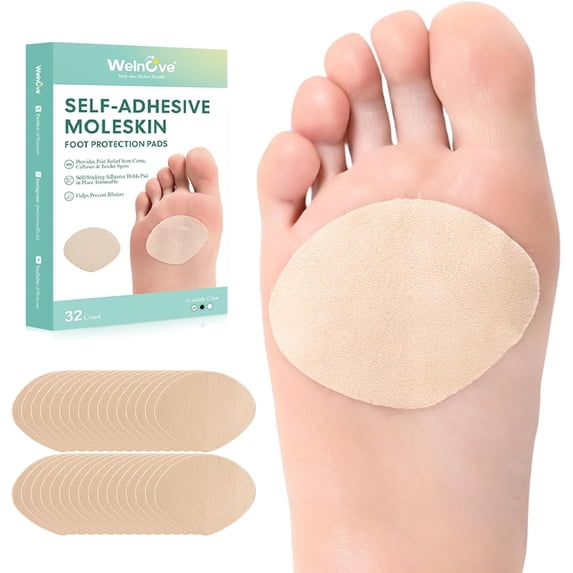 Welnove Moleskin Adhesive Pads, Blister Bandages - for Blister, Callus & Bunion Prevention, 32 Sheets, Beige