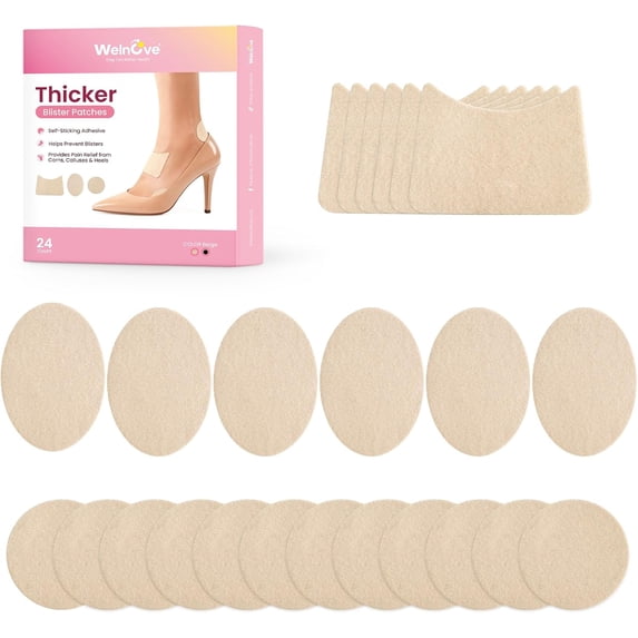 Welnove Moleskin Adhesive Pads for Feet - Extra Thick, Strong Adhesive Blister Prevention for Heel & Ball of Foot - Beige, 24 Pcs, 3 Shapes