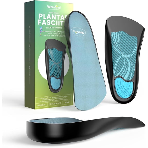 Welnove Plantar Fasciitis Insoles, 3/4 Length Arch Support & Anti-Slip Inserts, Heel Cups Orthotic Cushions for Foot Pain - Women 6-10 / Men 6-8
