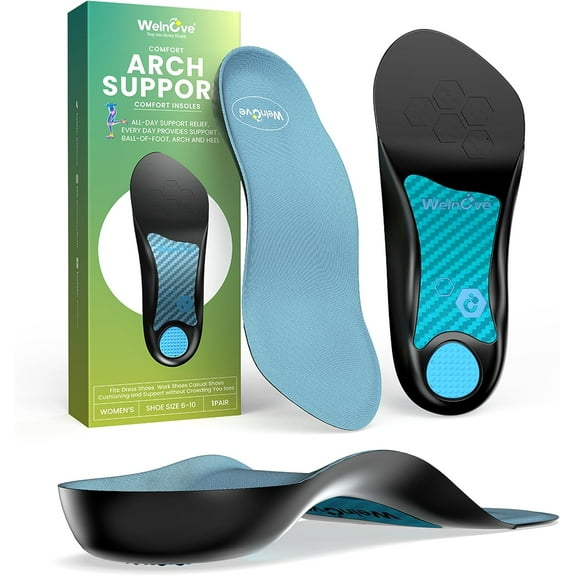 Welnove Plantar Heel Insoles - Arch Support & Anti-Slip Cushions - Heel Pain Relief Inserts for Most Shoes, Orthotic Cushions for Flat Feet, Heel Spurs & Achilles - Women's 6-10, Men's 6-8