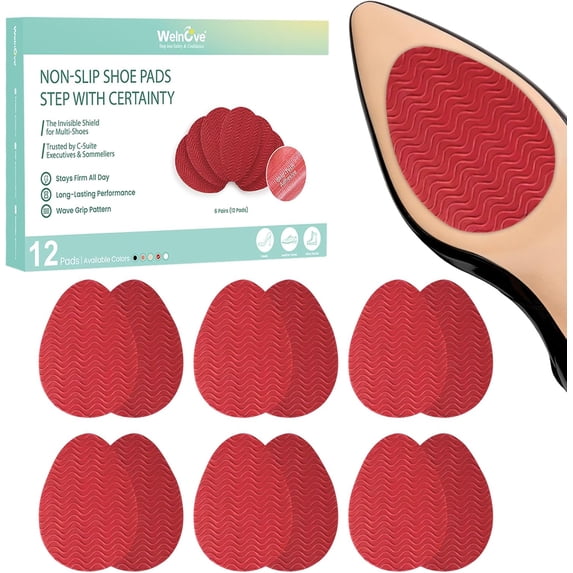 Welnove Shoe Sole Protectors Anti-Slip, Self-Adhesive Grips For Leather Shoes, High Heels, Noise Reduction, 12 Pcs, Red