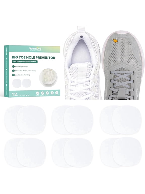 Shoe Toe Patches for Hole Prevention and Repair, Breathable Mesh Fabric Adhesive Pads for Sneakers Running Shoes, 12 Pads (6 Pairs) White
