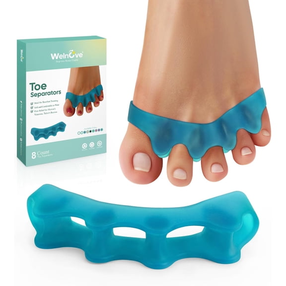 Welnove Silicone Toe Separator Spacers for Correct Toe Alignment, Bunion and Hammer toe Straighteners, Blue - 4 Pairs