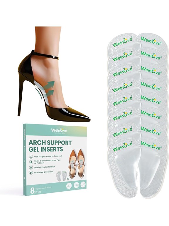 Soft Gel Arch Supports Flat Feet Plantar Fasciitis Gel Arch Support Insoles Foot Pain Fatigue Relief 8 Pairs Fit Most Shoes,0.47" Height,Clear