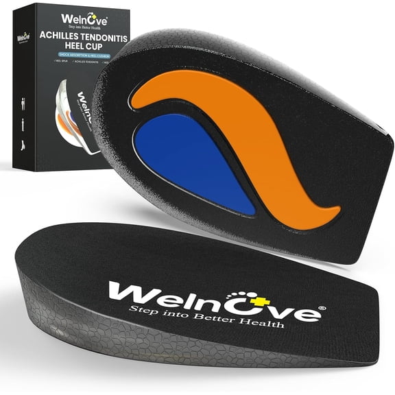 Welnove TPE Heel Cups for Plantar Fasciitis & Achilles Tendonitis, Washable, Black, S