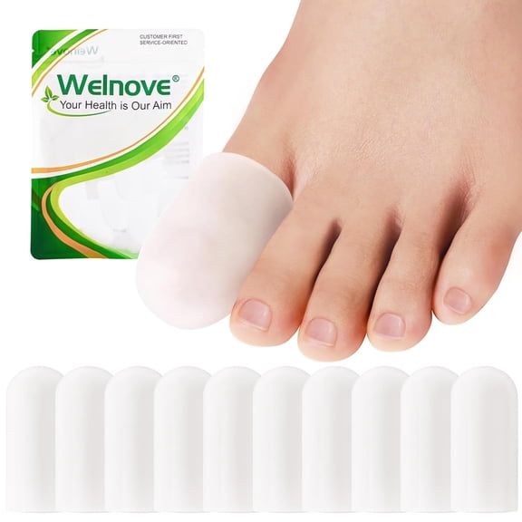 Welnove Toe Caps & Protectors - 10 Pack Silicone Toe Sleeves & Cushions for Corns & Calluses, Large, Clear