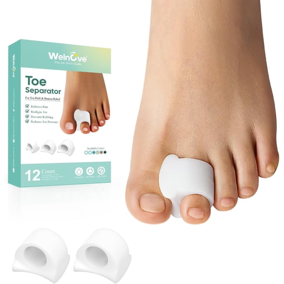 Welnove Toe Separator for Overlapping Toes - 12 Pack Toe Spacers & Corrector for Bunions, Hammer Toes & Crooked Toes, Helps Reduce Rubbing & Pressure, Medium, White