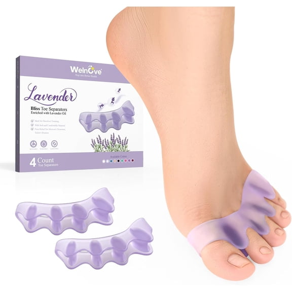 Welnove Toe Separators with Lavender Extract - 4 Pack Toe Spacers, Bunion Corrector & Toe Stretcher for Men & Women, Ideal for Yoga, Lavender