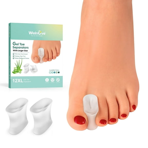 Welnove Upgraded Gel Toe Separators, 12Pack Aloe Vera Extract Infused Silicone Toe Spacers for Straightening Overlapping Toes, Size XL