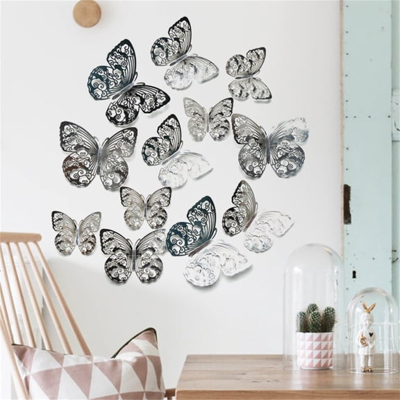 Weloille 12 Pcs 3D Metal Hollow Butterfly Wall Stickers (Silver)