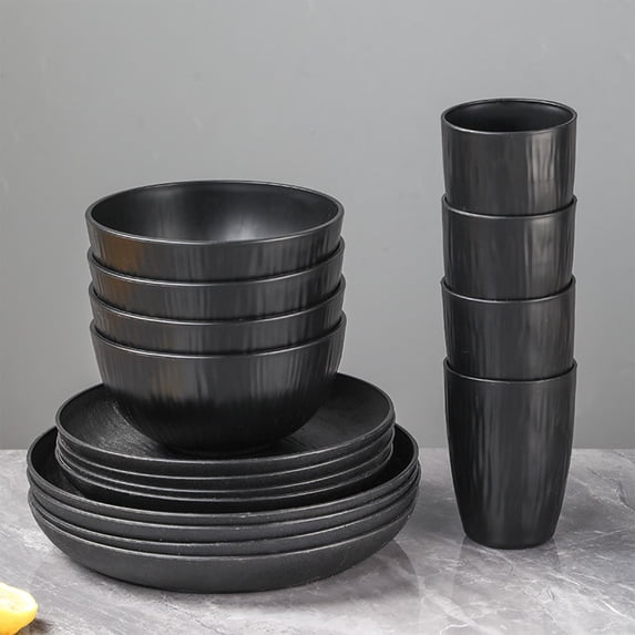 Weloille 16-Piece Wheat Straw Plastic Dinnerware Set, Black and White, Shatterproof and Microwave-Safe Plates Bowls Cups for Kitchen Home Use