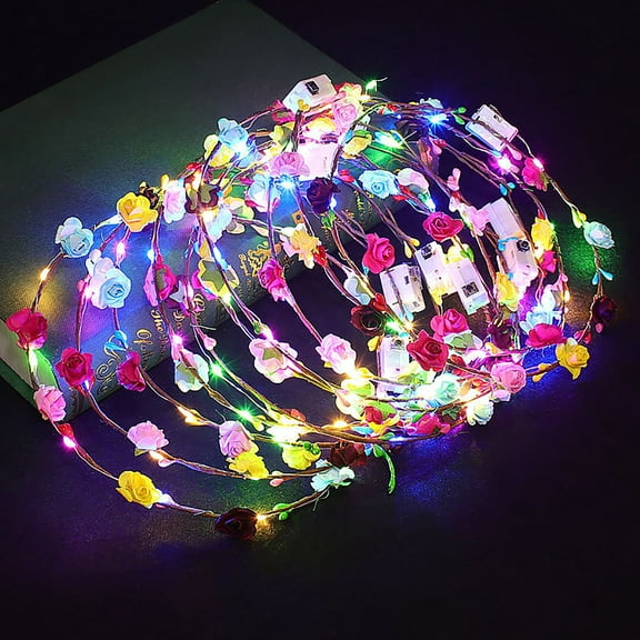 Weloille 1Pc LED Light Up Flower Wreath, 8 Lighting Modes Battery Operated Glowing Floral Wreath, Soft Light Adjustable Size Headband, for Party Wedding Holiday Festival Decor