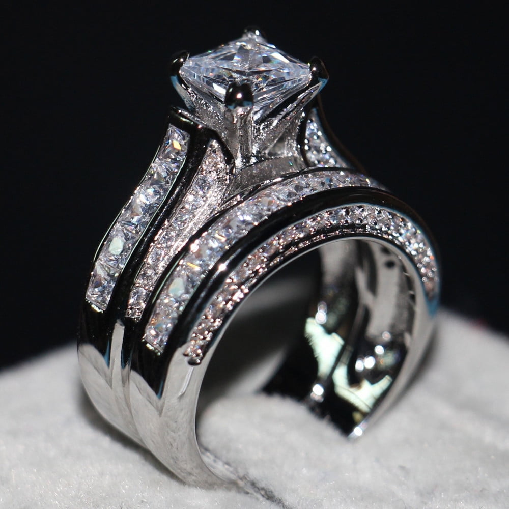 Weloille 2-in-1 Ring Womens Vintage Engagement Wedding Band Set ...