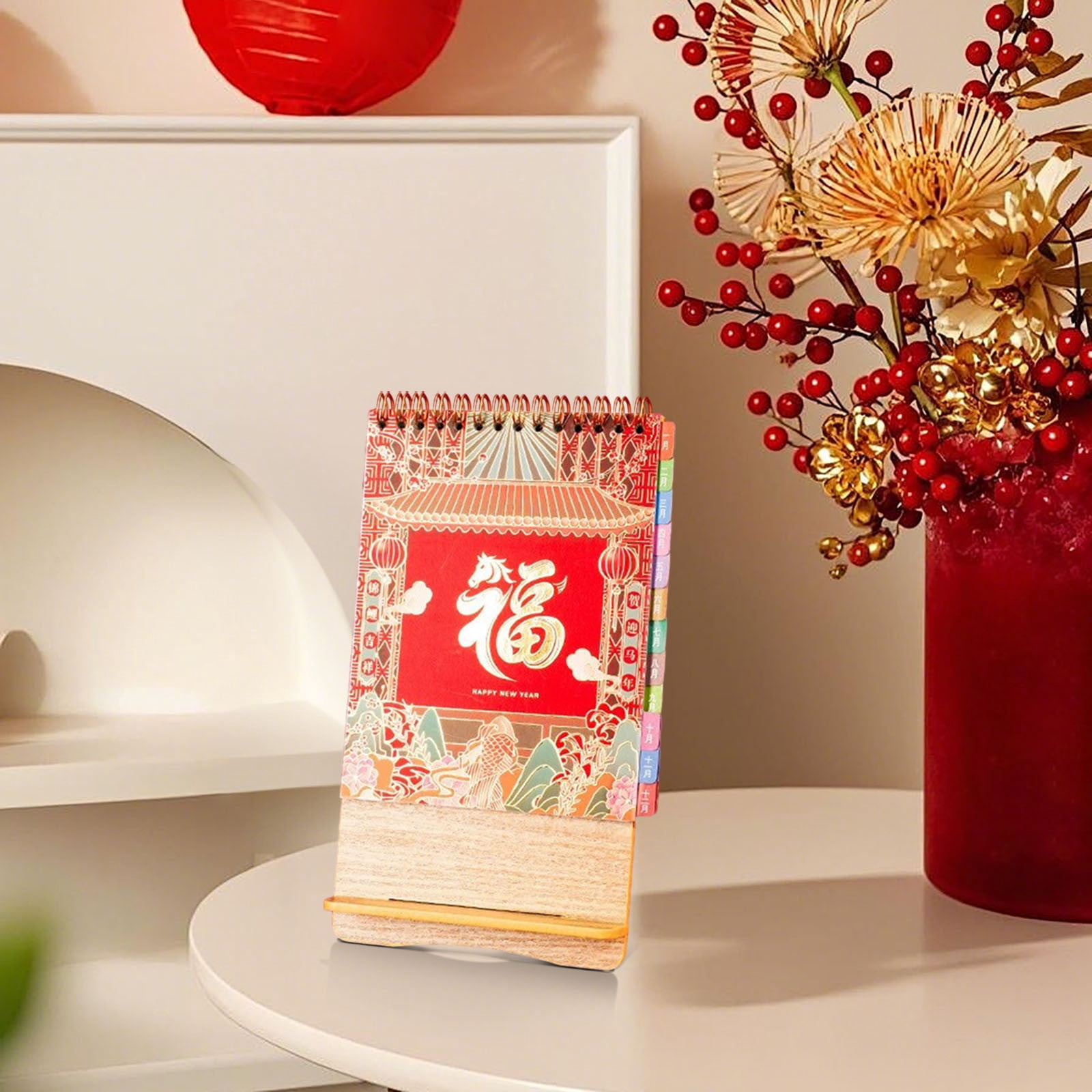 Weloille 2026 Wooden Desk Calendar, Festive Red Paper Office Desktop Mini Calendar with Holiday Markings and Solar Terms