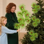 Weloille 2Pcs Christmas Green Hairy Branch, Artificial Reed Ball Greenery Stalks, Realistic Bendable Holiday Floral Picks for Xmas Tree Wreath Garland Vase Table Centerpiece