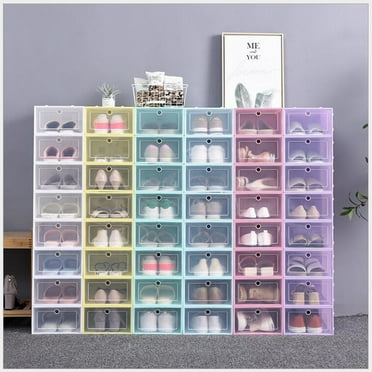Weloille 2Pcs Clear Foldable Shoe Storage Boxes, Stackable Heavy Duty Plastic Shoe Storage Boxes, Shoe Box Organizers