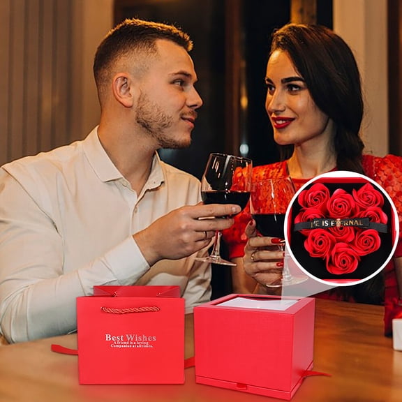 Weloille 9 Piece Heart Shape Red Rose Gift Box, 1 Piece Romantic Preserved Flower Bouquet Set with Box Bag, Exquisite Flower Gift Box for Valentine's Day Anniversary Birthday Gift